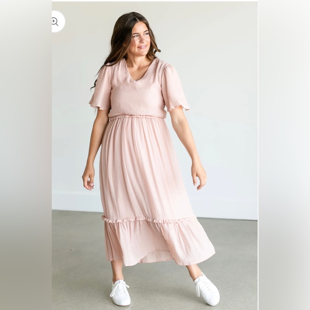 Inherit co. Womens Pink V-neck Ruffle Maxi Dress modest size large NWT